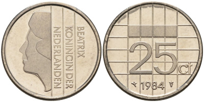 Нидерланды 25 центов 1984 Беатрикс (1980-2013) KM 204 никель UNC 4588-854