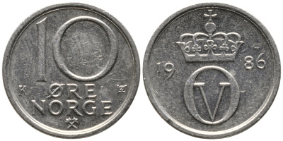 НОРВЕГИЯ 10 ЭРЕ 1986 УЛАФ V (1957-1991) KM 416 медно-никель 100-724