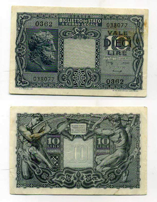 Италия 10 лир 1944 BoLaffi, Simoneschi Pick 32b, Grapanzano BS 48 бумага 000-00-00