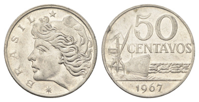 Бразилия 50 сентаво 1967 год-тип KM 580 никель латунь 4663-531