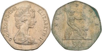 Великобритания 50 пенсов 1981 Елизавета II (1952-2022) KM 913, Spink 4223 (H1) медно-никель 4117-942