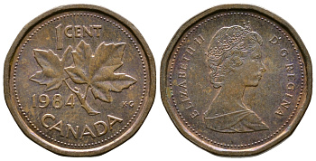 КАНАДА 1 ЦЕНТ 1984 ЕЛИЗАВЕТА II, КЛЕНОВЫЙ ЛИСТ KM 132 бронза 3999-1153