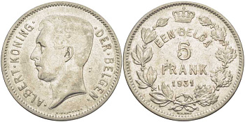 БЕЛЬГИЯ 5 ФРАНКОВ 1931 АЛЬБЕРТ I, DER BELGEN KM 98 никель 3851-346