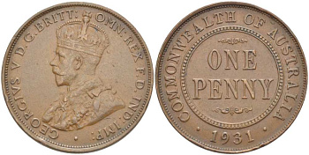 АВСТРАЛИЯ 1 ПЕННИ 1931 ГЕОРГ V (1910-1936), ЕДИНИЦА В ДАТЕ НОРМАЛЬНАЯ KM 23 бронза 4512-1116