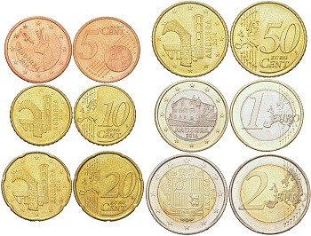 Андорра годовой набор из 6 монет (5, 10, 20 и 50 евроцентов; 1 и 2 евро) 2014 KM 522, 523, 524, 525, 526 и 527 UNC 4612-1011-1016