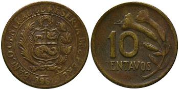 Перу 10 сентаво 1968 KM 245.1, Schon 50 латунь 4532-247