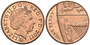 Великобритания 1 пенни 2011 Елизавета II (1952-2022) KM 1107, Spink B6 сталь плакированная медью 177-731