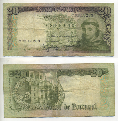 Португалия 20 эскудо 1964 Антоний Падуанский Pick 167 b бумага 7552-33-1