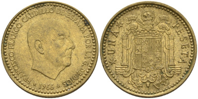 Испания 1 песета 1966 (68) Франсиско Франко (1939 - 1975) KM 796 алюминиевая бронза 4155-347