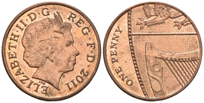 Великобритания 1 пенни 2011 Елизавета II (1952-2022) KM 1107, Spink B6 сталь плакированная медью 177-731
