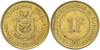 Бурунди 1 франк 1965 KM 6 латунь UNC 4620-1127