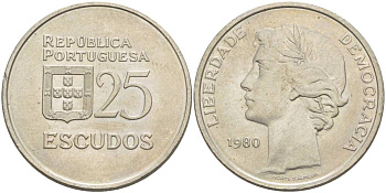 Португалия 25 эскудо 1980 первый год KM 607а медно-никель 4542-923