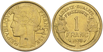 ФРАНЦИЯ 1 ФРАНК 1938 ТИП MORLON KM 885, LE FRANC 219.9 алюминиевая бронза 3853-145