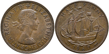Великобритания 1/2 пенни 1967 Елизавета II (1952-2022) KM 896, Spink 4158 бронза 4171-644