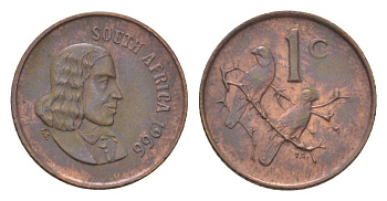 ЮАР 1 цент 1966 Ян ван Рибек (1619-1677), South Africa, легенда на африкаанс, капские воробьи KM 65.1 бронза 4627-156