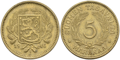 Финляндия 5 марок 1946 S KM 31а латунь    4150-444