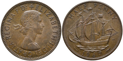 Великобритания 1/2 пенни 1967 Елизавета II (1952-2022) KM 896, Spink 4158 бронза 4171-644