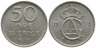 Швеция 50 эре 1973 U, Густав VI Адольф (1950-1973) KM 837 медно-никель 4380-536