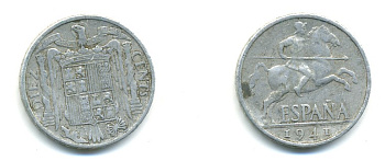 ИСПАНИЯ 10 СЕНТИМО 1941 РЫЦАРЬ НА КОНЕ KM 766 алюминий 80-1141