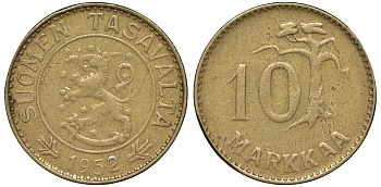 Финляндия 10 марок 1952 H, первый год чекана KM 38 алюминиевая бронза 4164-439