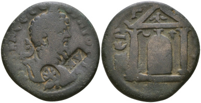Римская Империя, Провинция Ликия-Памфилия, Перге AE 193 - 211 Септимий Север, бюст императора, надчеканки-А К, орел / храм с культовой статуей Артемиды Перге SNG Copenhagen 322 бронза 1100-7-82