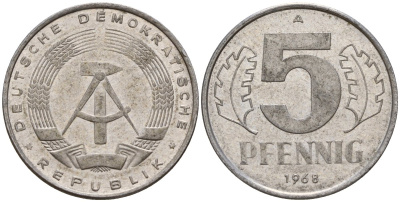 ГДР 5 пфеннигов 1968 A KM 9.1 алюминий 211-925