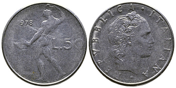 Италия 50 лир 1978 R, бог огня Вулкан у наковальни KM 95.1 нержавеющая сталь    4606-133