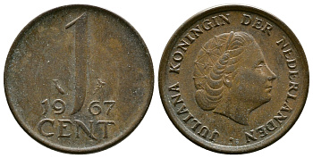 НИДЕРЛАНДЫ 1 ЦЕНТ 1967 ЮЛИАНА KM 180 бронза 75-866