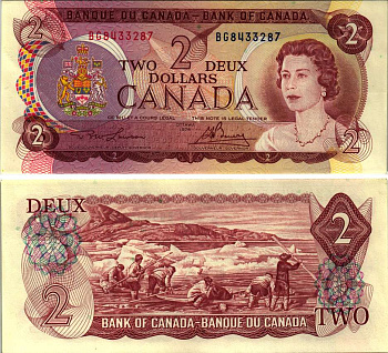 КАНАДА 2 ДОЛЛАРА 1974 ЕЛИЗАВЕТА II, ОХОТА ЭСКИМОСОВ, ЛОДКА, ПОДПИСЬ LAWSON-BOUEY Pick 86a бумага aUNC 7485-48-1