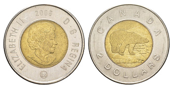 Канада 2 доллара 2006 Елизавета II (1952-2022), полярный медведь KM 496 биметалл UNC 4631-844