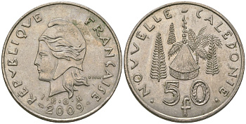 Французская Новая Каледония 50 франков 2009 хижина среди сосен и пальм, (IEOM) KM 13a, Schoen 15a, Lec 128i медно-никель 115-543