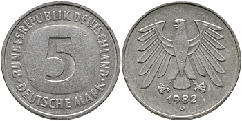 ФРГ 5 марок 1982 D KM 140.1, J. 415 медно-никель плакированный никелем 97-844