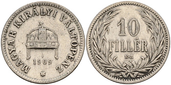 Венгрия 10 филлеров 1909 KB, Франц Иосиф I (1848-1916) KM 482 никель 4151-1116