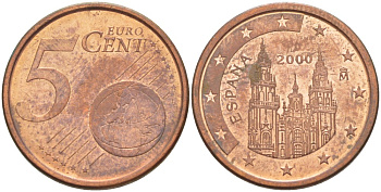 Испания 5 евроцентов 2000 KM 1042 сталь плакированная медью 4543-333