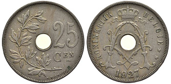 БЕЛЬГИЯ 25 САНТИМОВ 1927 BELGIE, АЛЬБЕРТ I (1909-1934) KM 69 медно-никель 27-933
