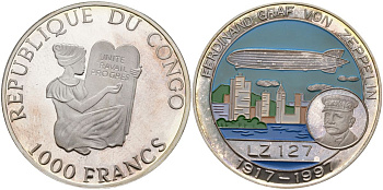 Конго 1000 франков 1997 дирижабль "Граф Цеппелин", цветная эмаль KM 37 серебро PROOF 04-322-22