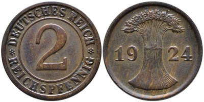 ГЕРМАНИЯ 2 РЕЙХСПФЕННИГА 1924 J, ВЕЙМАРСКАЯ РЕСПУБЛИКА (1919-1933) KM 38, Jager 314, Weege 4 бронза 4546-827