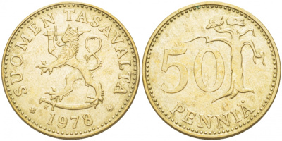 ФИНЛЯНДИЯ 50 ПЕННИ 1978 K KM 48 алюминиевая бронза UNC 212-1114