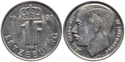 ЛЮКСЕМБУРГ 1 ФРАНК 1991 ВЕЛИКИЙ ГЕРЦОГ ЖАН KM 63 никель сталь 4396-1145