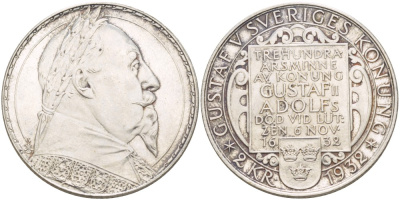 Швеция 2 кроны 1932 G, Густав V, 300 лет со дня смерти Густава II Адольфа KM 805 серебро 1520-323