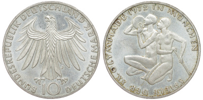 ФРГ 10 марок 1972 J, XX летние Олимпийские Игры, Мюнхен 1972, спортсмены KM 132, J. 403 серебро aUNC 4178-1214