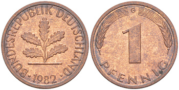 ФРГ 1 ПФЕННИГ 1982 G KM 105, J. 380 сталь плакированная медью 4181-646
