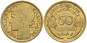 ФРАНЦИЯ 50 САНТИМОВ 1941 ТИП MORLON KM 894.1, LE FRANC 192.18 алюминиевая бронза 44-438