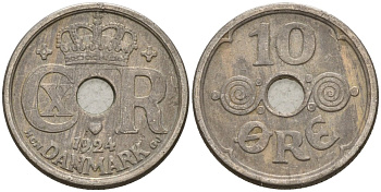 Дания 10 эре 1924 Кристиан X (1912-1947) KM 822 медно-никель 4147-545
