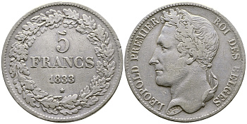 Бельгия 5 франков 1833 Леопольд I (1831-1865), в венке KM 3.1 серебро 74-823