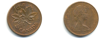 Канада 1 цент 1971 Елизавета II (1952-2022), кленовый лист KM 59.1 бронза 177-1336