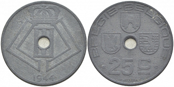 БЕЛЬГИЯ 25 САНТИМОВ 1944 BELGIE-BELGIQUE, ГЕРМАНСКАЯ ОККУПАЦИЯ, ВТОРАЯ МИРОВАЯ ВОЙНА KM 132 цинк 213-854