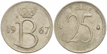 Бельгия 25 сантимов 1967 Belgie, Бодуэн I (1951-1993) KM 154.1 медно-никель 4528-131