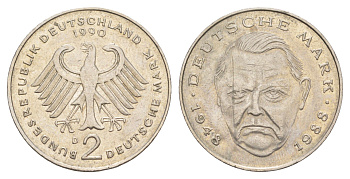 ФРГ 2 марки 1990 D, Людвиг Эрхард, 40 лет Федеративной Республике KM 170, J. 445 медь плакированная медно-никелем 4641-842