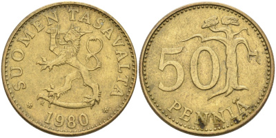 ФИНЛЯНДИЯ 50 ПЕННИ 1980 K KM 48 алюминиевая бронза 4563-436
